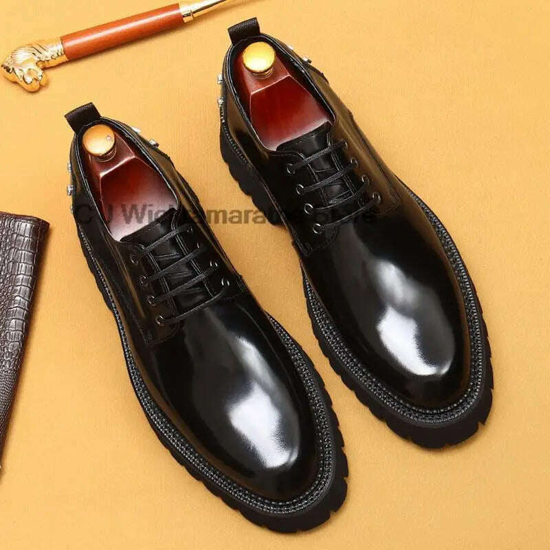 KIMLUD, HKDQ Men's Oxfords Genuine Leather Male Wedding Party Dress Shoes For Men Round Head Lace-Up Office Suit Formal Derby Shoes, KIMLUD Womens Clothes