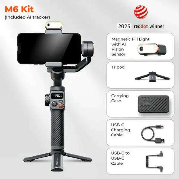 Hohem-iSteady M6 Kit Gimbal for Smartphone, 3-Axis Gimbal, AI Tracker, Fill Light, for iPhone 15 Pro Max and Android Stabilizer - KIMLUD