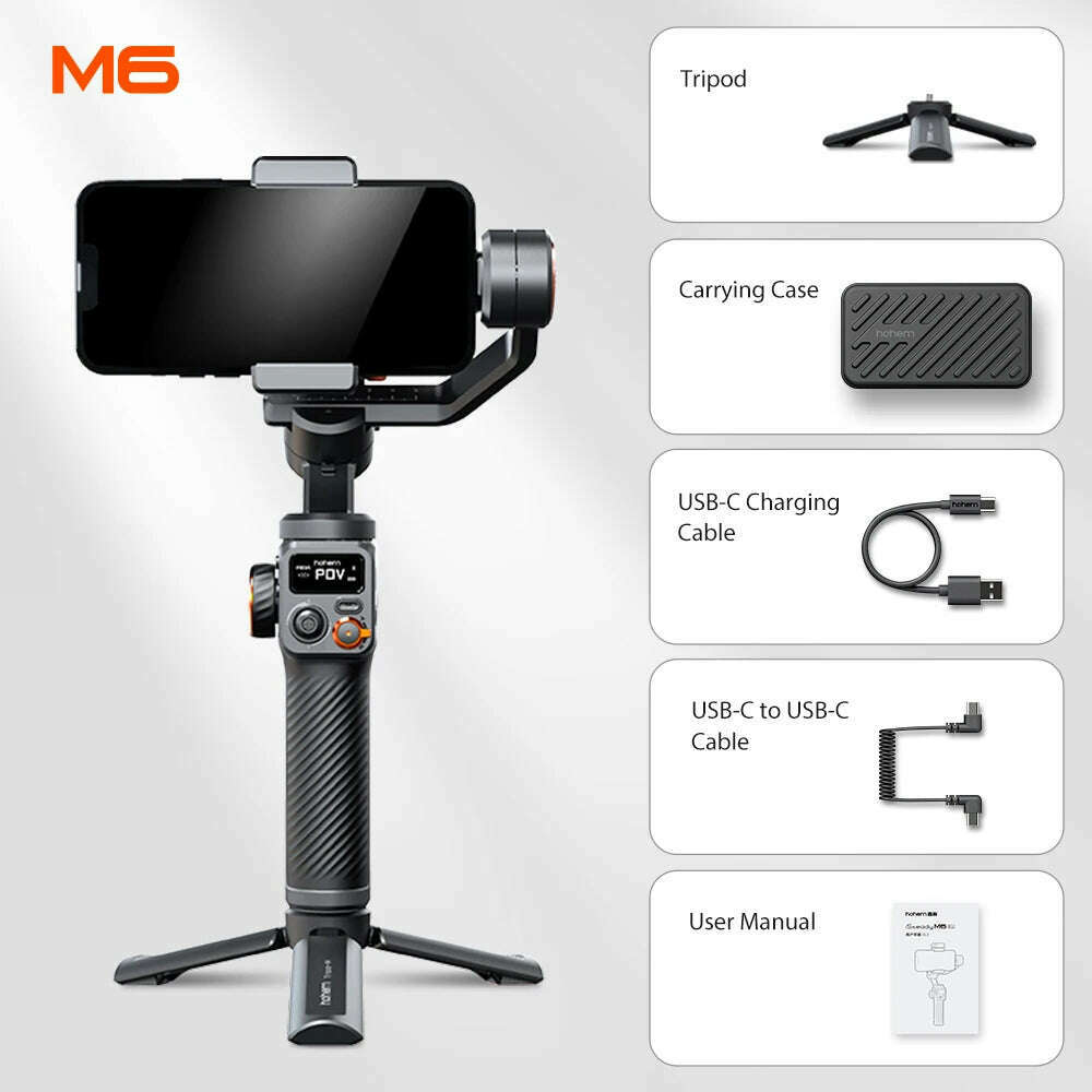 Hohem-iSteady M6 Kit Gimbal for Smartphone, 3-Axis Gimbal, AI Tracker, Fill Light, for iPhone 15 Pro Max and Android Stabilizer - KIMLUD