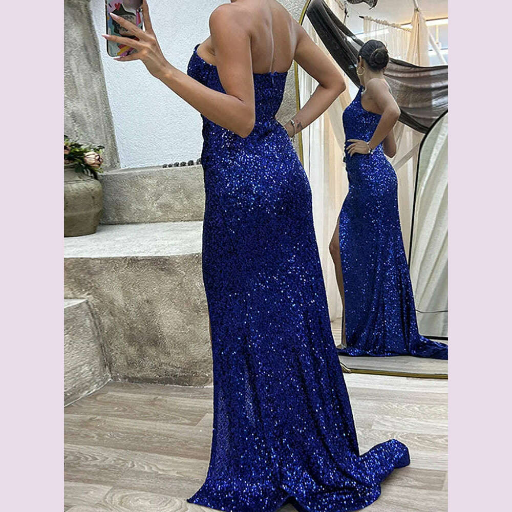 Hollow Out Strapless Off Shoulder Sequins Dress Chic Women Slim Slit Solid Floor-Length Dress Casual Sleeveless Party Club Dress - KIMLUD