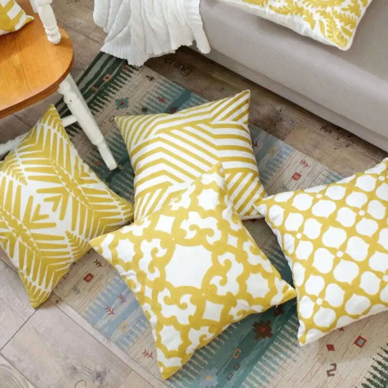 Home Decor Embroidered Cushion Cover Yellow Ginger/White Geometric Floral Canvas Cotton Square Embroidery Pillow Cover 45x45cm - KIMLUD