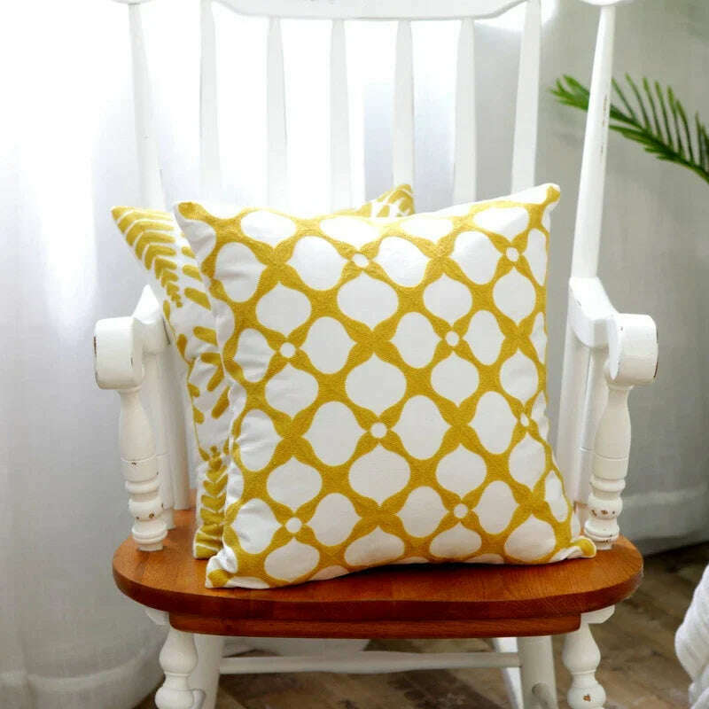 Home Decor Embroidered Cushion Cover Yellow Ginger/White Geometric Floral Canvas Cotton Square Embroidery Pillow Cover 45x45cm - KIMLUD