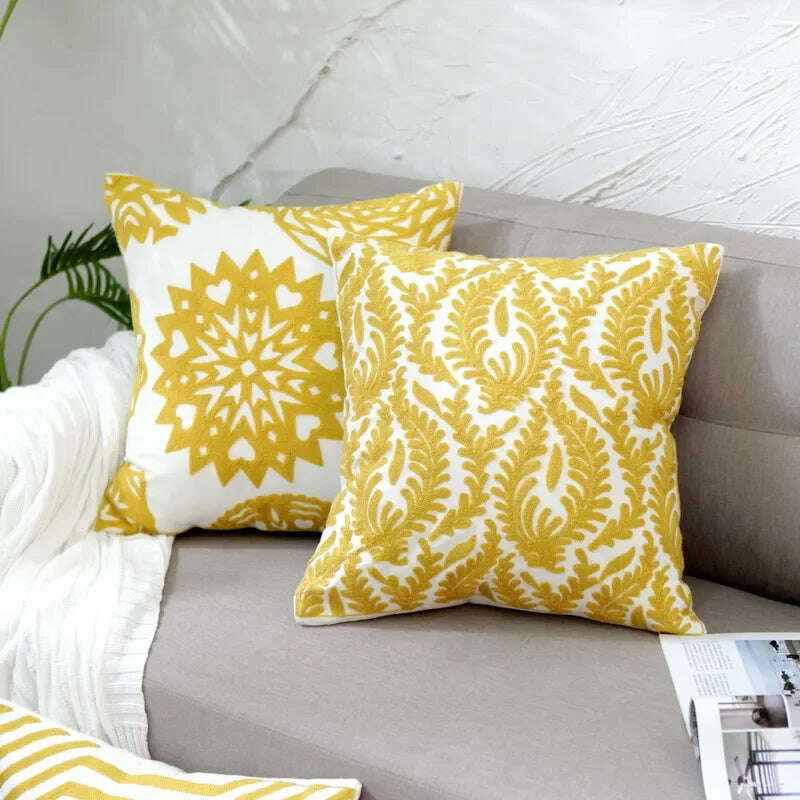 Home Decor Embroidered Cushion Cover Yellow Ginger/White Geometric Floral Canvas Cotton Square Embroidery Pillow Cover 45x45cm - KIMLUD