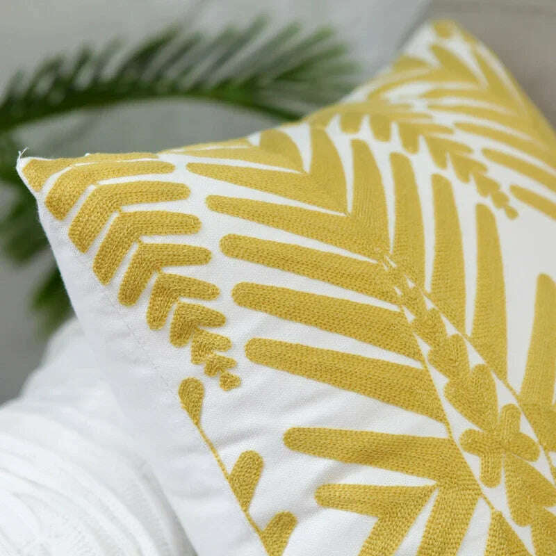 Home Decor Embroidered Cushion Cover Yellow Ginger/White Geometric Floral Canvas Cotton Square Embroidery Pillow Cover 45x45cm - KIMLUD