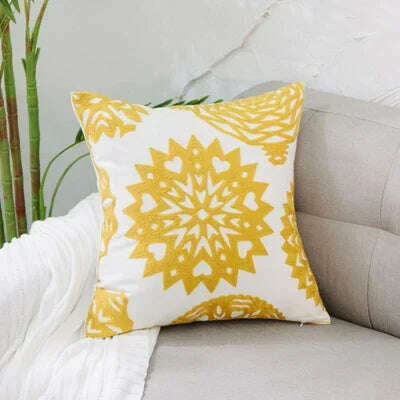 KIMLUD, Home Decor Embroidered Cushion Cover Yellow  Ginger/White Geometric Floral Canvas Cotton Square Embroidery Pillow Cover 45x45cm, A, KIMLUD APPAREL - Womens Clothes