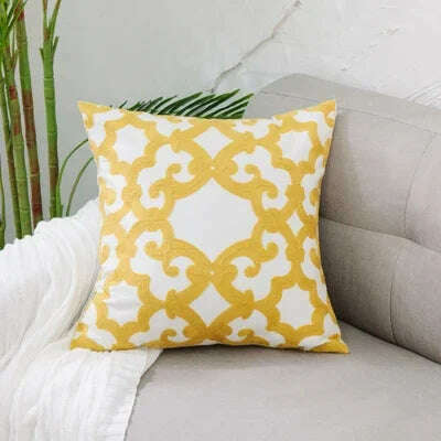 KIMLUD, Home Decor Embroidered Cushion Cover Yellow  Ginger/White Geometric Floral Canvas Cotton Square Embroidery Pillow Cover 45x45cm, B, KIMLUD APPAREL - Womens Clothes