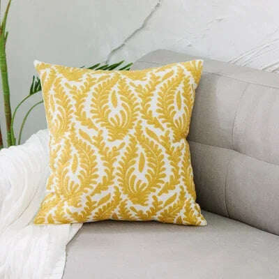 KIMLUD, Home Decor Embroidered Cushion Cover Yellow  Ginger/White Geometric Floral Canvas Cotton Square Embroidery Pillow Cover 45x45cm, C, KIMLUD APPAREL - Womens Clothes