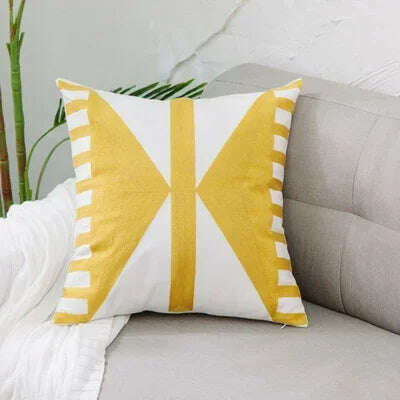 Home Decor Embroidered Cushion Cover Yellow Ginger/White Geometric Floral Canvas Cotton Square Embroidery Pillow Cover 45x45cm - KIMLUD