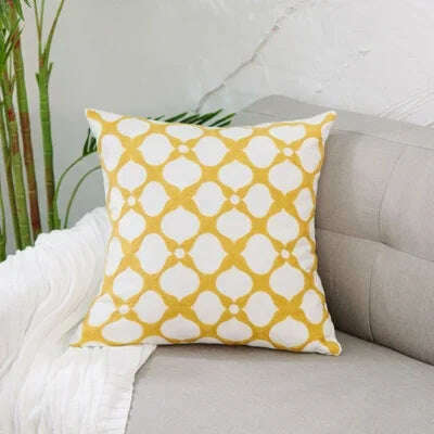 KIMLUD, Home Decor Embroidered Cushion Cover Yellow  Ginger/White Geometric Floral Canvas Cotton Square Embroidery Pillow Cover 45x45cm, E, KIMLUD APPAREL - Womens Clothes