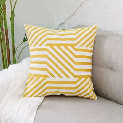 KIMLUD, Home Decor Embroidered Cushion Cover Yellow  Ginger/White Geometric Floral Canvas Cotton Square Embroidery Pillow Cover 45x45cm, G, KIMLUD APPAREL - Womens Clothes