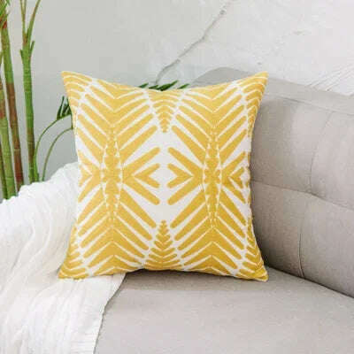 Home Decor Embroidered Cushion Cover Yellow Ginger/White Geometric Floral Canvas Cotton Square Embroidery Pillow Cover 45x45cm - KIMLUD