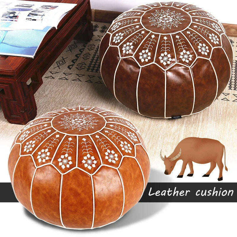 KIMLUD, Home Decor Moroccan PU Leather Pouf Embroider Craft Ottoman Footstool Mediterranean Style Artificial Leather Unstuffed Cushion, KIMLUD Womens Clothes