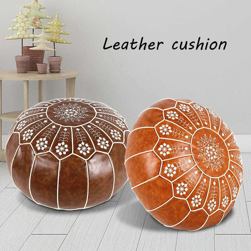 KIMLUD, Home Decor Moroccan PU Leather Pouf Embroider Craft Ottoman Footstool Mediterranean Style Artificial Leather Unstuffed Cushion, KIMLUD Womens Clothes