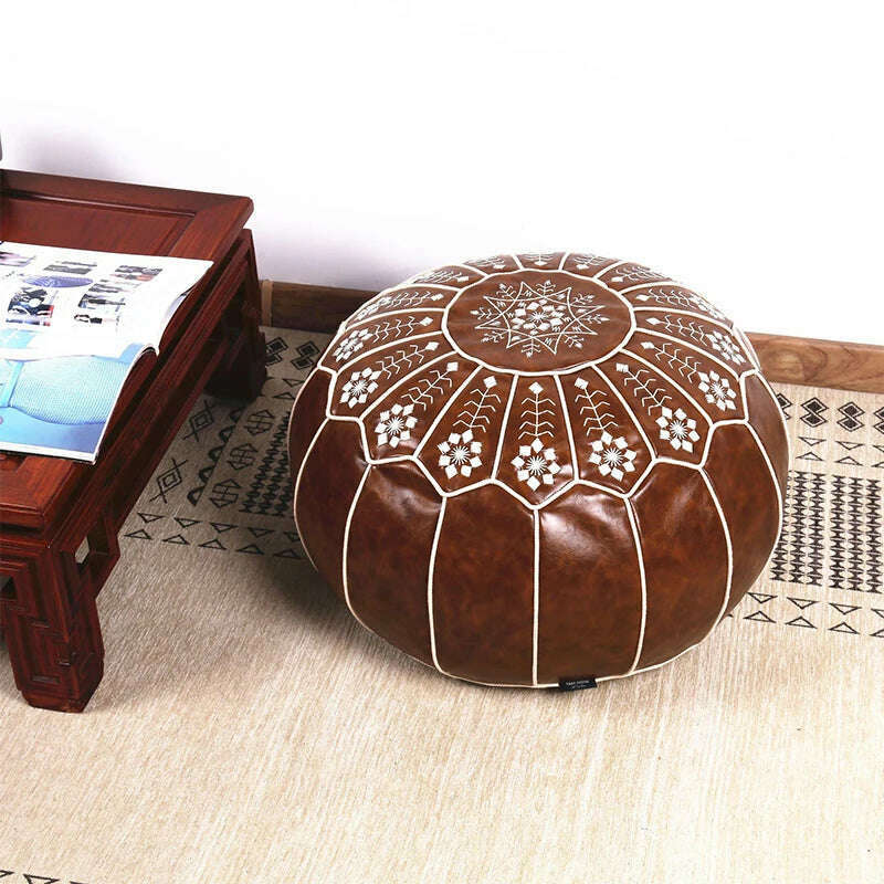 KIMLUD, Home Decor Moroccan PU Leather Pouf Embroider Craft Ottoman Footstool Mediterranean Style Artificial Leather Unstuffed Cushion, KIMLUD Womens Clothes