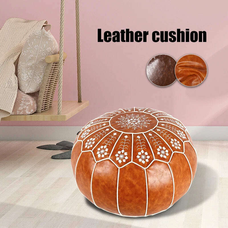 Home Decor Moroccan PU Leather Pouf Embroider Craft Ottoman Footstool Mediterranean Style Artificial Leather Unstuffed Cushion - KIMLUD