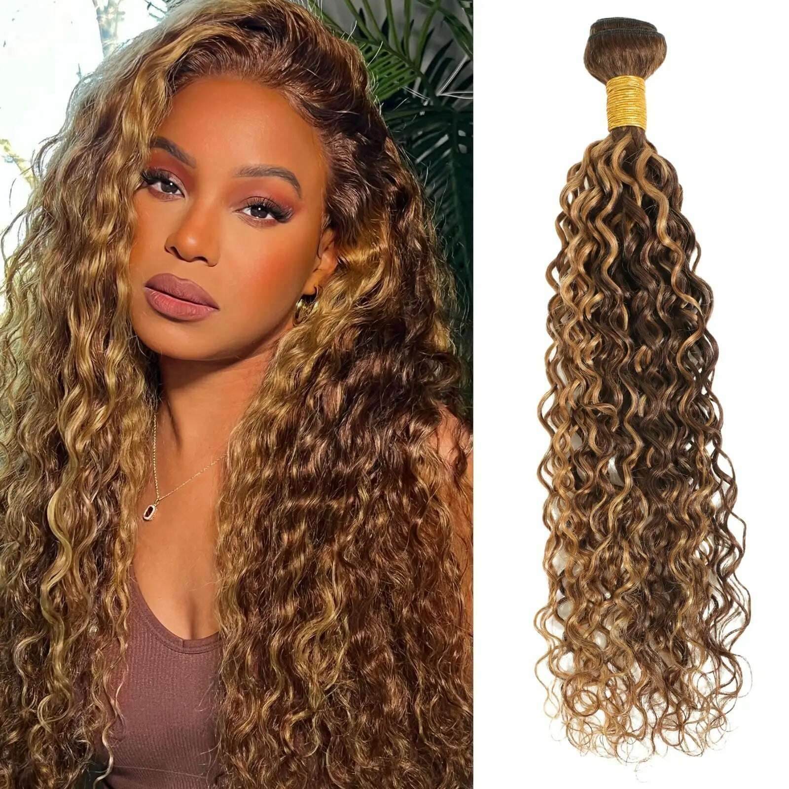 KIMLUD, Honey Blonde Highlight Deep Wave Bundles 22 Inch P4/27 Ombre Single Bundles Wet and Wavy Bundle Human Hair Highlight Brown Color, p4 27 / 24inches, KIMLUD APPAREL - Womens Clothes