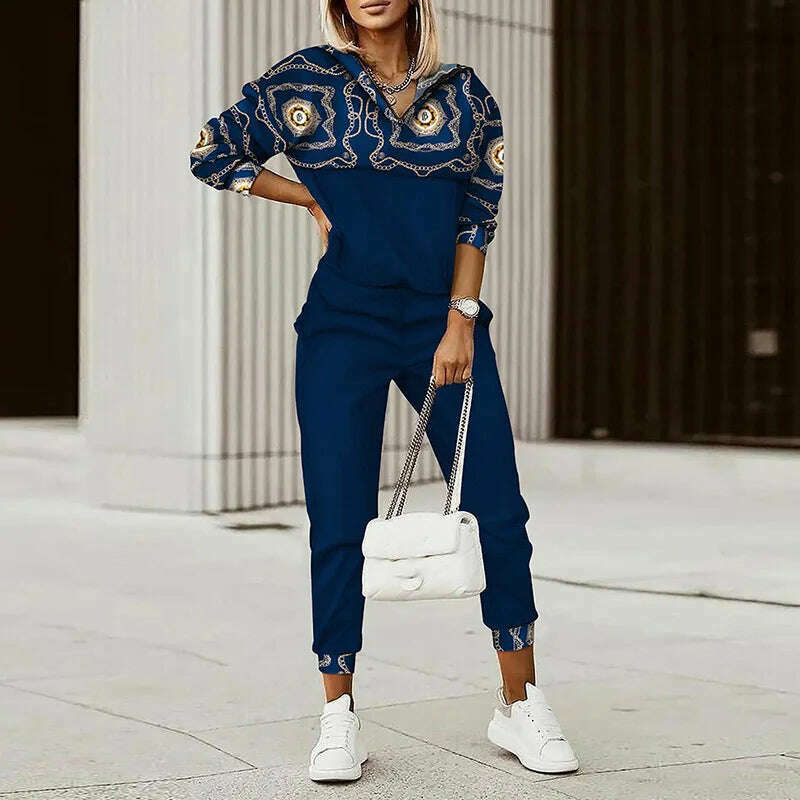 KIMLUD, Hooded Tops Elastic Waist Pants Casual Two Piece Set Vintage Printing Slim Fit Outfit Elegant Women Streetwear 2Pcs Matching Set, Blue Chain(Hooded) / S, KIMLUD APPAREL - Womens Clothes