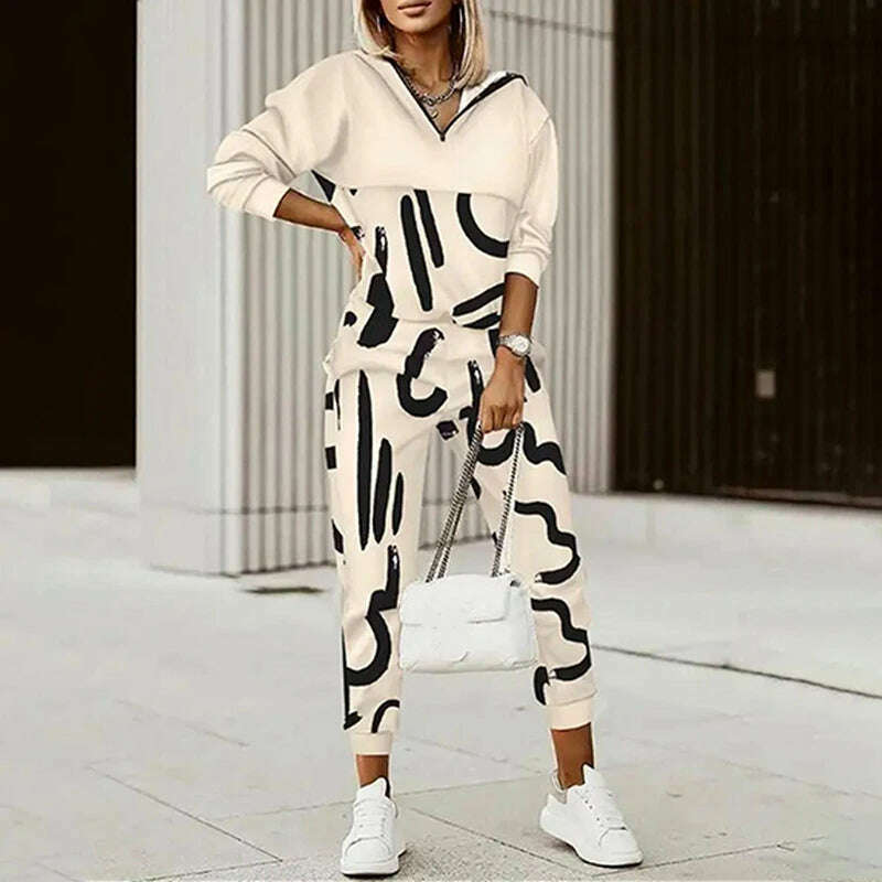 KIMLUD, Hooded Tops Elastic Waist Pants Casual Two Piece Set Vintage Printing Slim Fit Outfit Elegant Women Streetwear 2Pcs Matching Set, Letter Print(Hooded) / S, KIMLUD APPAREL - Womens Clothes