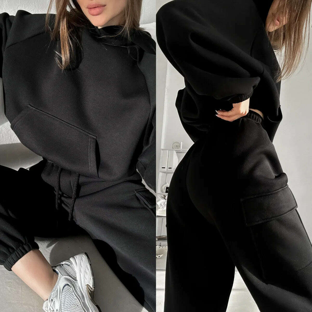 KIMLUD, Hoodies Suit Winter Autumn Solid Casual Tracksuit Women Fleece 2 Pieces Set Sports Sweatshirts Pullover Jogger Sweatpants Outfit, black / M, KIMLUD APPAREL - Womens Clothes