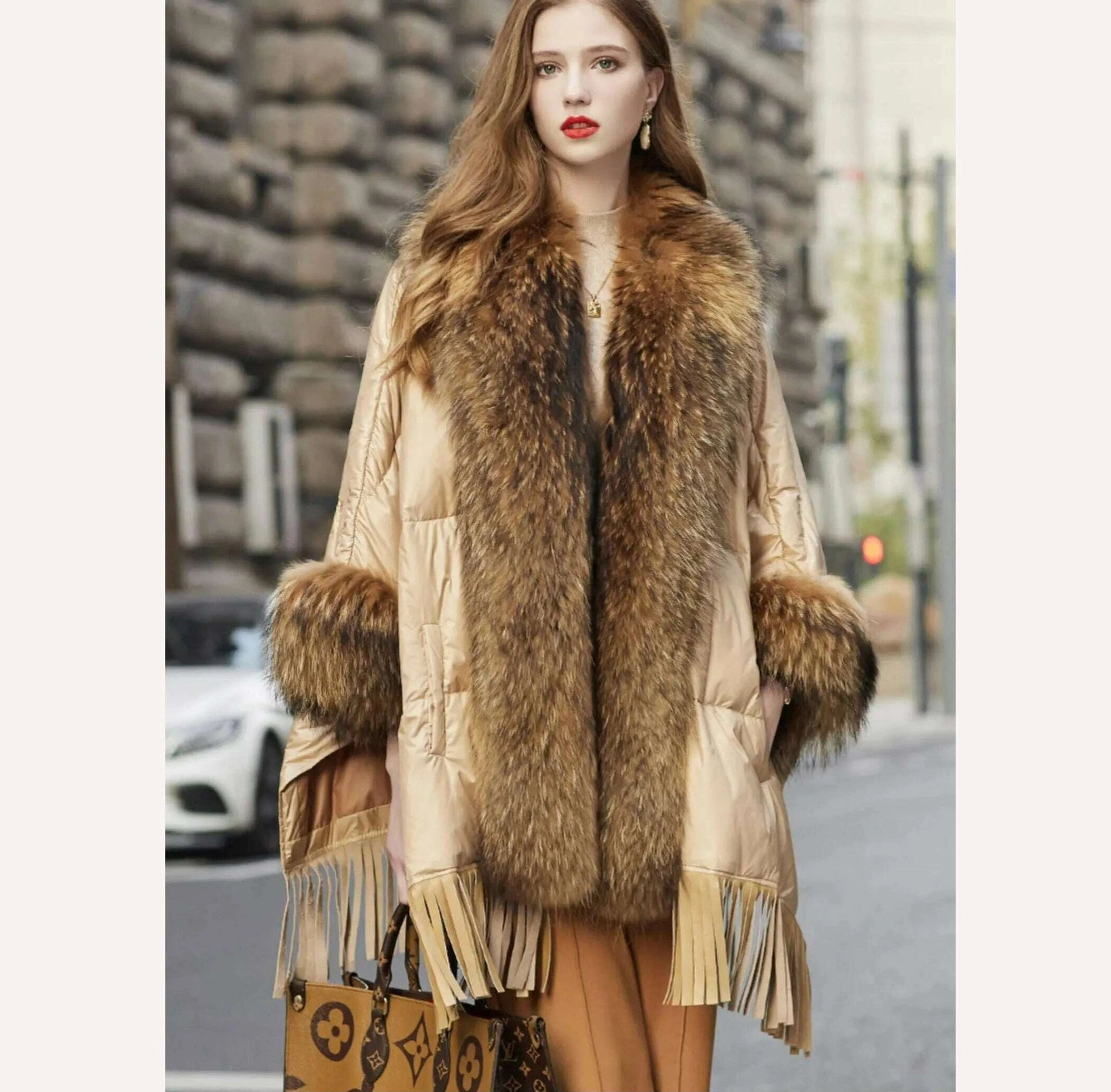 KIMLUD, Hot 2023 European Trend Fashion American Women Winter Jacket Real Raccoon Fur Streetwear Fashion Cloak Goose Down Down Coat, Khaki / One size, KIMLUD APPAREL - Womens Clothes