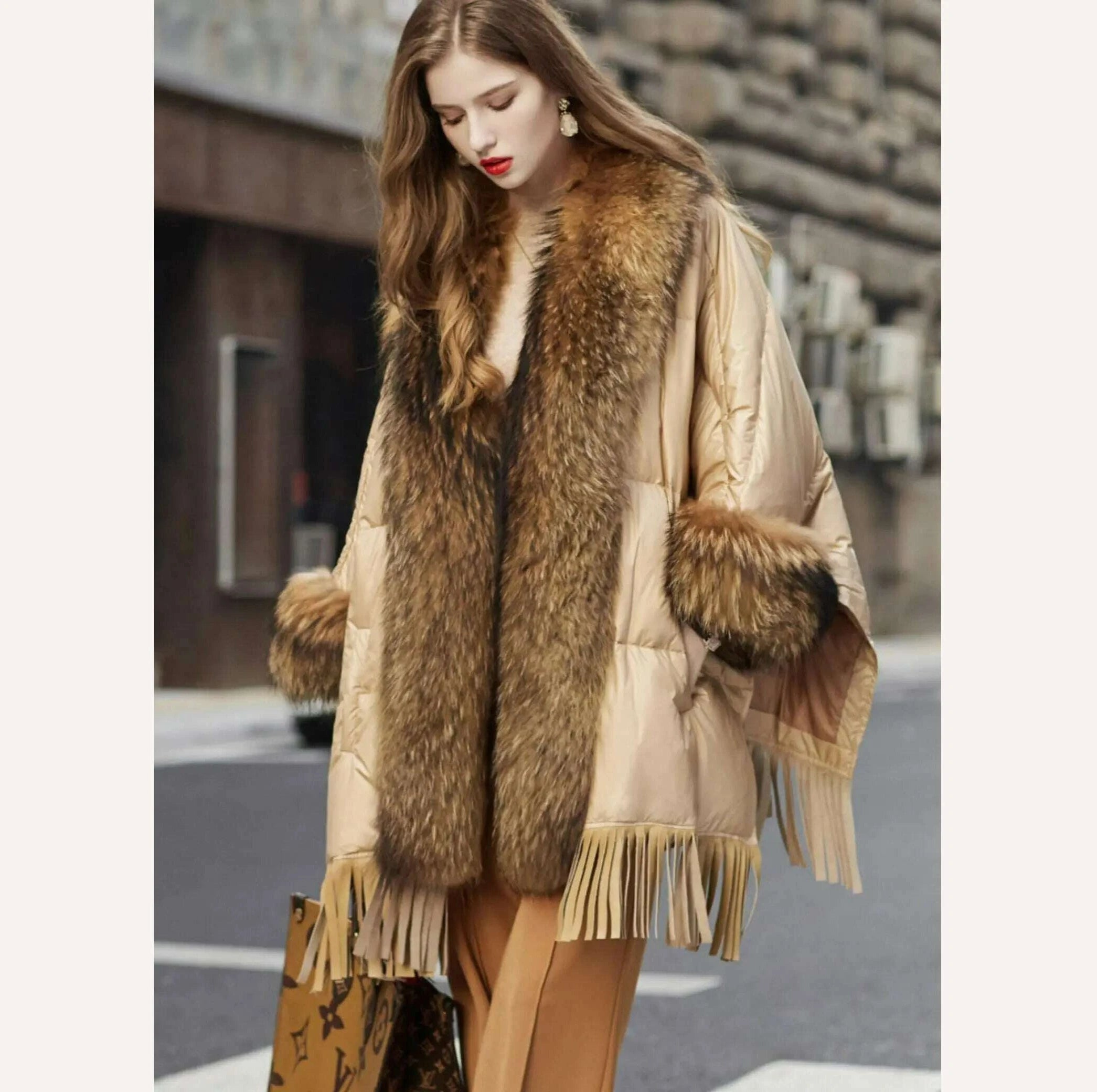 KIMLUD, Hot 2023 European Trend Fashion American Women Winter Jacket Real Raccoon Fur Streetwear Fashion Cloak Goose Down Down Coat, KIMLUD Womens Clothes