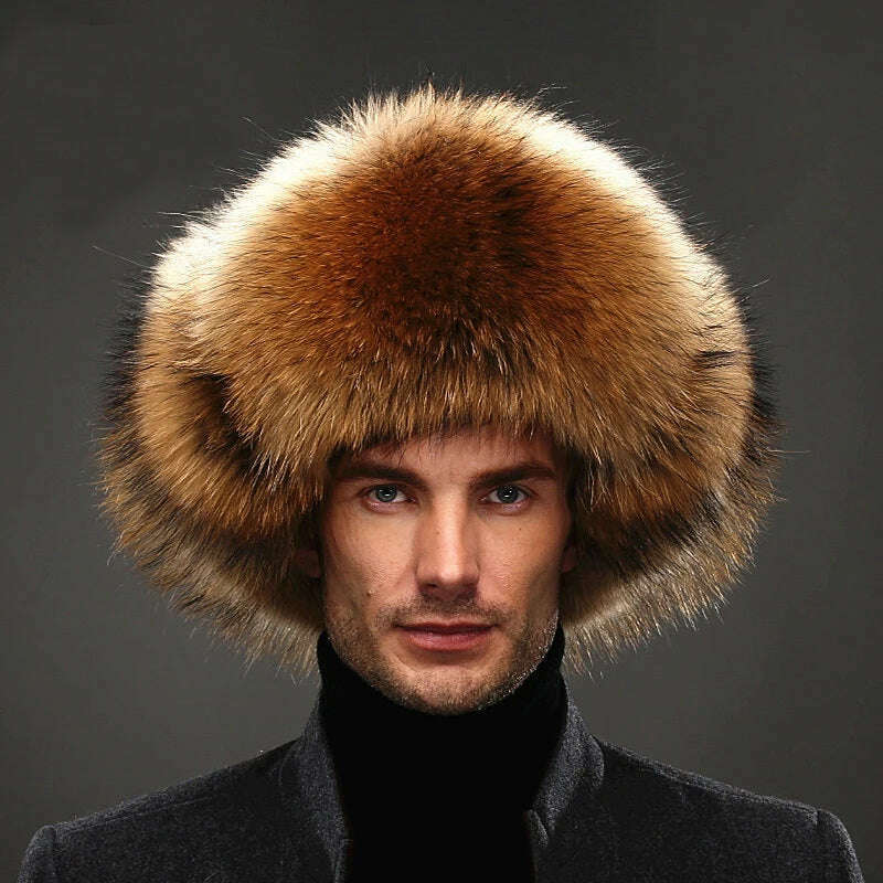 Hot high-end luxury fur hat Men's fox fur hat Lei Feng cap ear cap fur necessary hat Real fur hat 100% Sheepskin top fox hat - KIMLUD