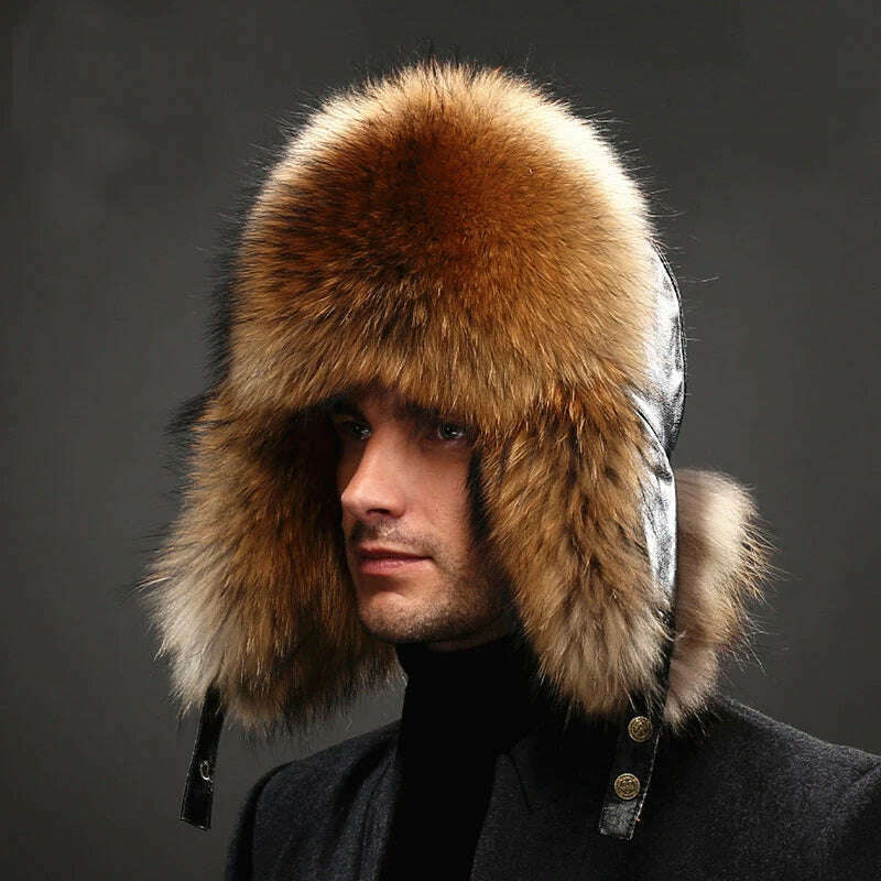 Hot high-end luxury fur hat Men's fox fur hat Lei Feng cap ear cap fur necessary hat Real fur hat 100% Sheepskin top fox hat - KIMLUD