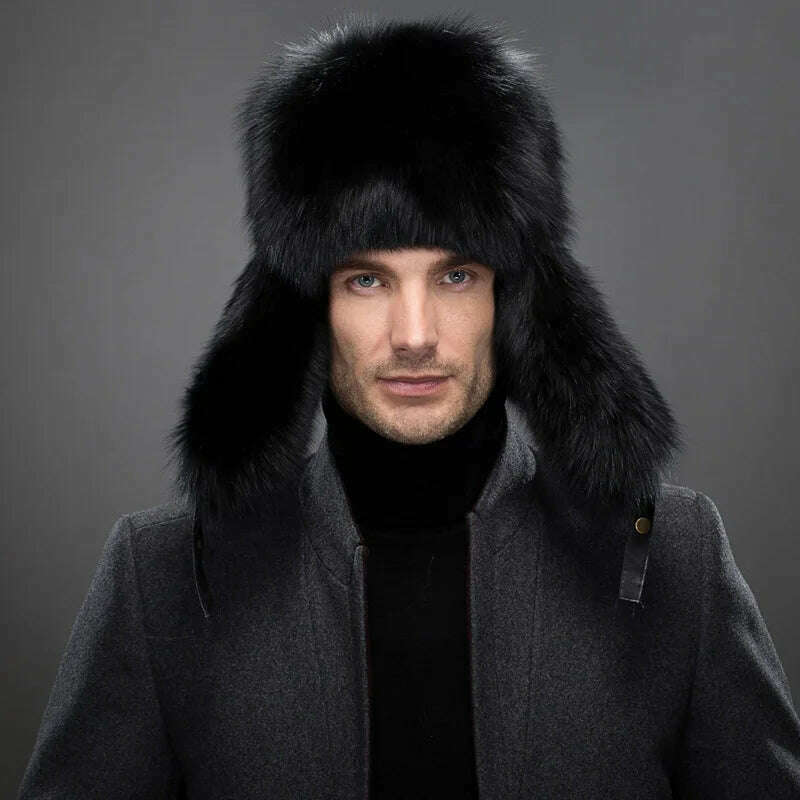 Hot high-end luxury fur hat Men's fox fur hat Lei Feng cap ear cap fur necessary hat Real fur hat 100% Sheepskin top fox hat - KIMLUD