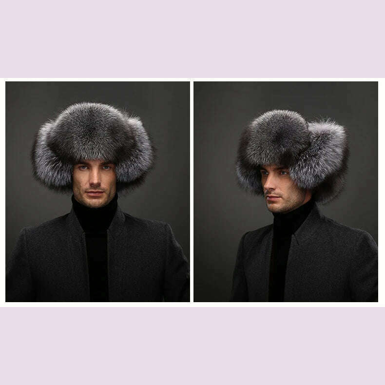 Hot high-end luxury fur hat Men's fox fur hat Lei Feng cap ear cap fur necessary hat Real fur hat 100% Sheepskin top fox hat - KIMLUD