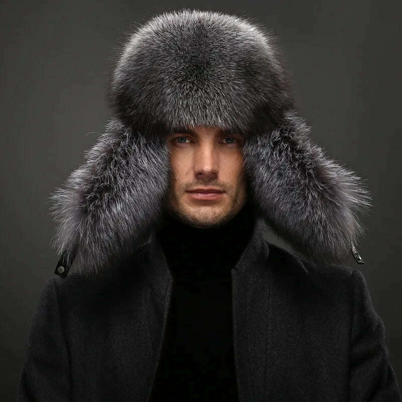 Hot high-end luxury fur hat Men's fox fur hat Lei Feng cap ear cap fur necessary hat Real fur hat 100% Sheepskin top fox hat - KIMLUD