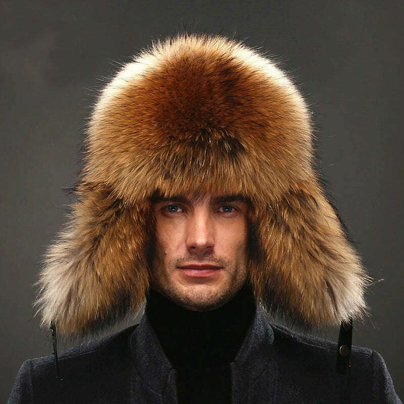 Hot high-end luxury fur hat Men's fox fur hat Lei Feng cap ear cap fur necessary hat Real fur hat 100% Sheepskin top fox hat - KIMLUD