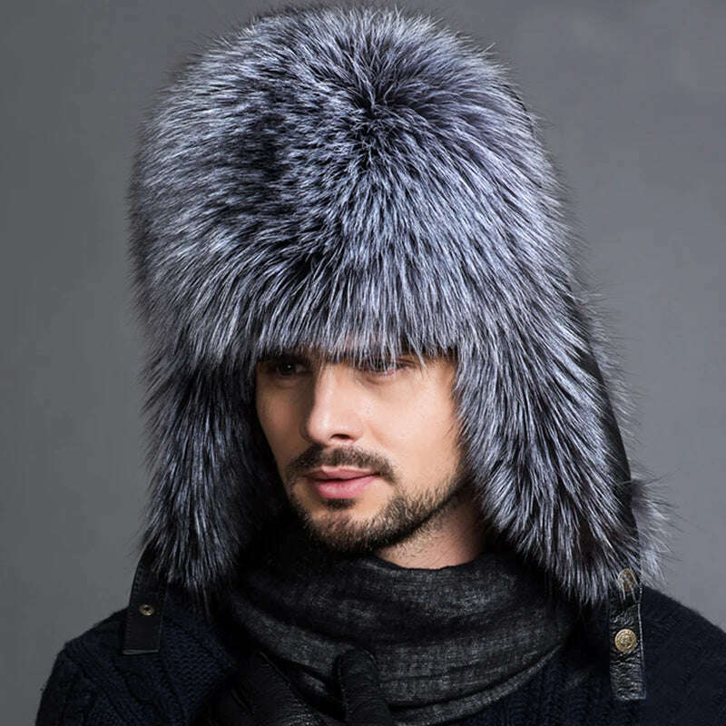 Hot high-end luxury fur hat Men's fox fur hat Lei Feng cap ear cap fur necessary hat Real fur hat 100% Sheepskin top fox hat - KIMLUD