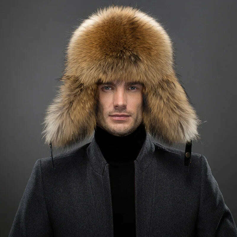 Hot high-end luxury fur hat Men's fox fur hat Lei Feng cap ear cap fur necessary hat Real fur hat 100% Sheepskin top fox hat - KIMLUD