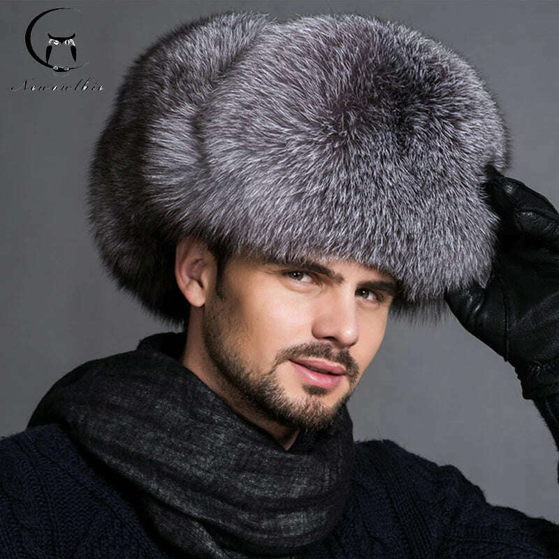 KIMLUD, Hot high-end luxury fur hat Men's fox fur hat Lei Feng cap ear cap fur necessary hat Real fur hat 100% Sheepskin top fox hat, KIMLUD Womens Clothes