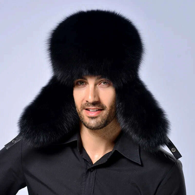 KIMLUD, Hot high-end luxury fur hat Men's fox fur hat Lei Feng cap ear cap fur necessary hat Real fur hat 100% Sheepskin top fox hat, KIMLUD Womens Clothes