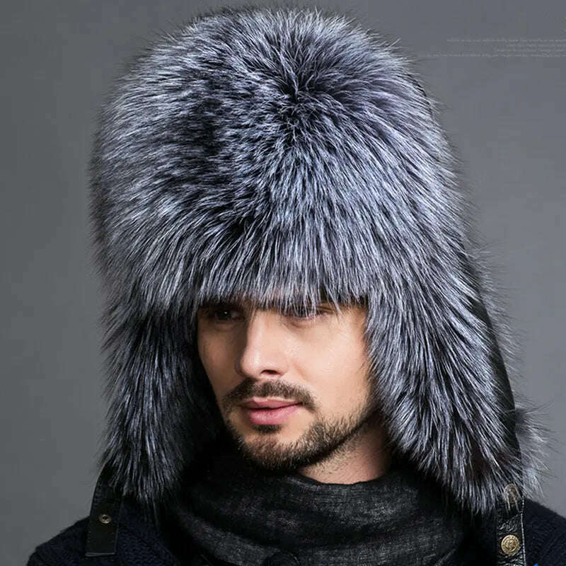 Hot high-end luxury fur hat Men's fox fur hat Lei Feng cap ear cap fur necessary hat Real fur hat 100% Sheepskin top fox hat - KIMLUD