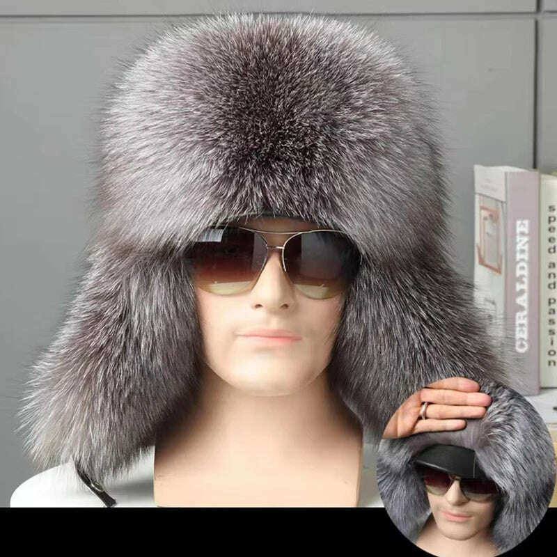 KIMLUD, Hot high-end luxury fur hat Men's fox fur hat Lei Feng cap ear cap fur necessary hat Real fur hat 100% Sheepskin top fox hat, silverfox with brim / 56cm-58cm, KIMLUD APPAREL - Womens Clothes