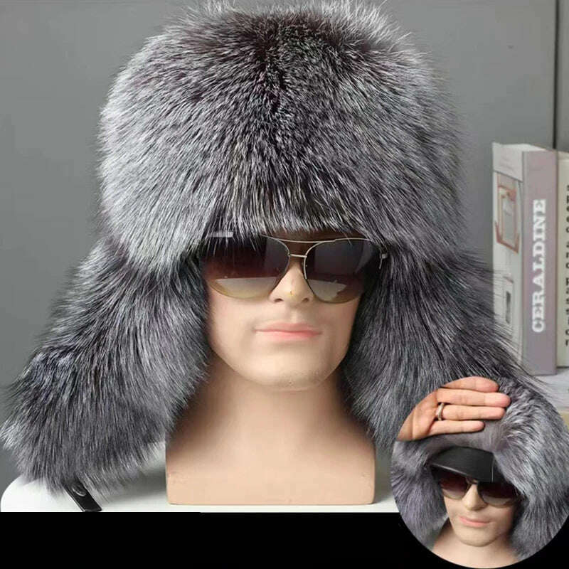 Hot high-end luxury fur hat Men's fox fur hat Lei Feng cap ear cap fur necessary hat Real fur hat 100% Sheepskin top fox hat - KIMLUD