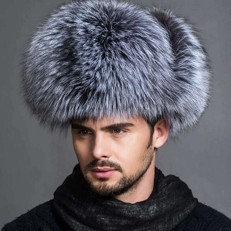 Hot high-end luxury fur hat Men's fox fur hat Lei Feng cap ear cap fur necessary hat Real fur hat 100% Sheepskin top fox hat - KIMLUD