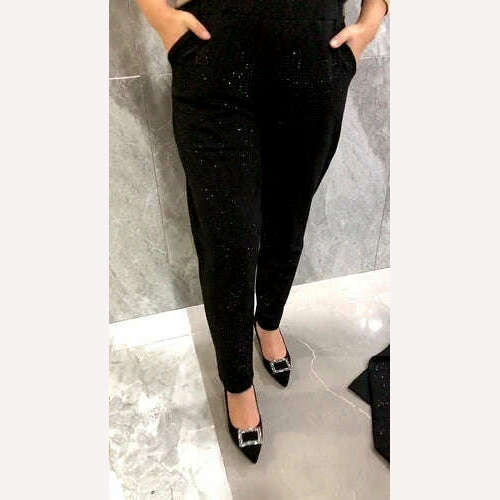 KIMLUD, Hot Rhinestone Casual Pants Women Fashion Pocket Elastic Waist Loose Black Harem Pants 2022 Fall Winter Sweatpants Oversized 7xl, Black / L, KIMLUD APPAREL - Womens Clothes