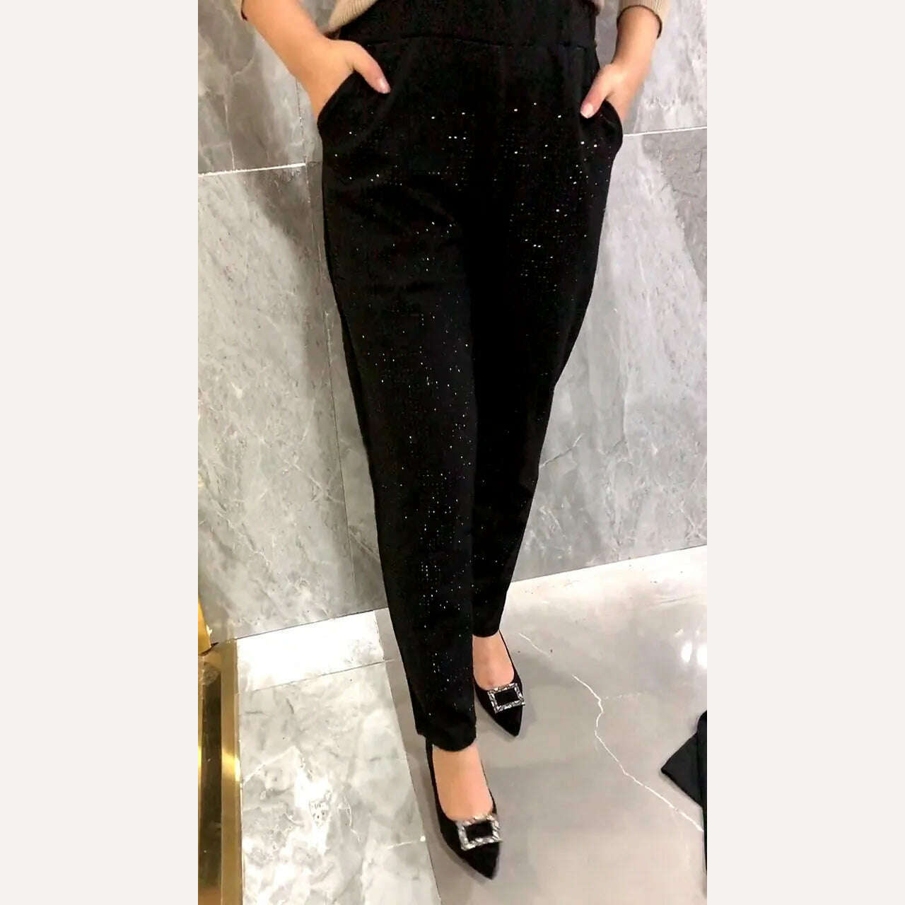 KIMLUD, Hot Rhinestone Casual Pants Women Fashion Pocket Elastic Waist Loose Black Harem Pants 2022 Fall Winter Sweatpants Oversized 7xl, KIMLUD Womens Clothes