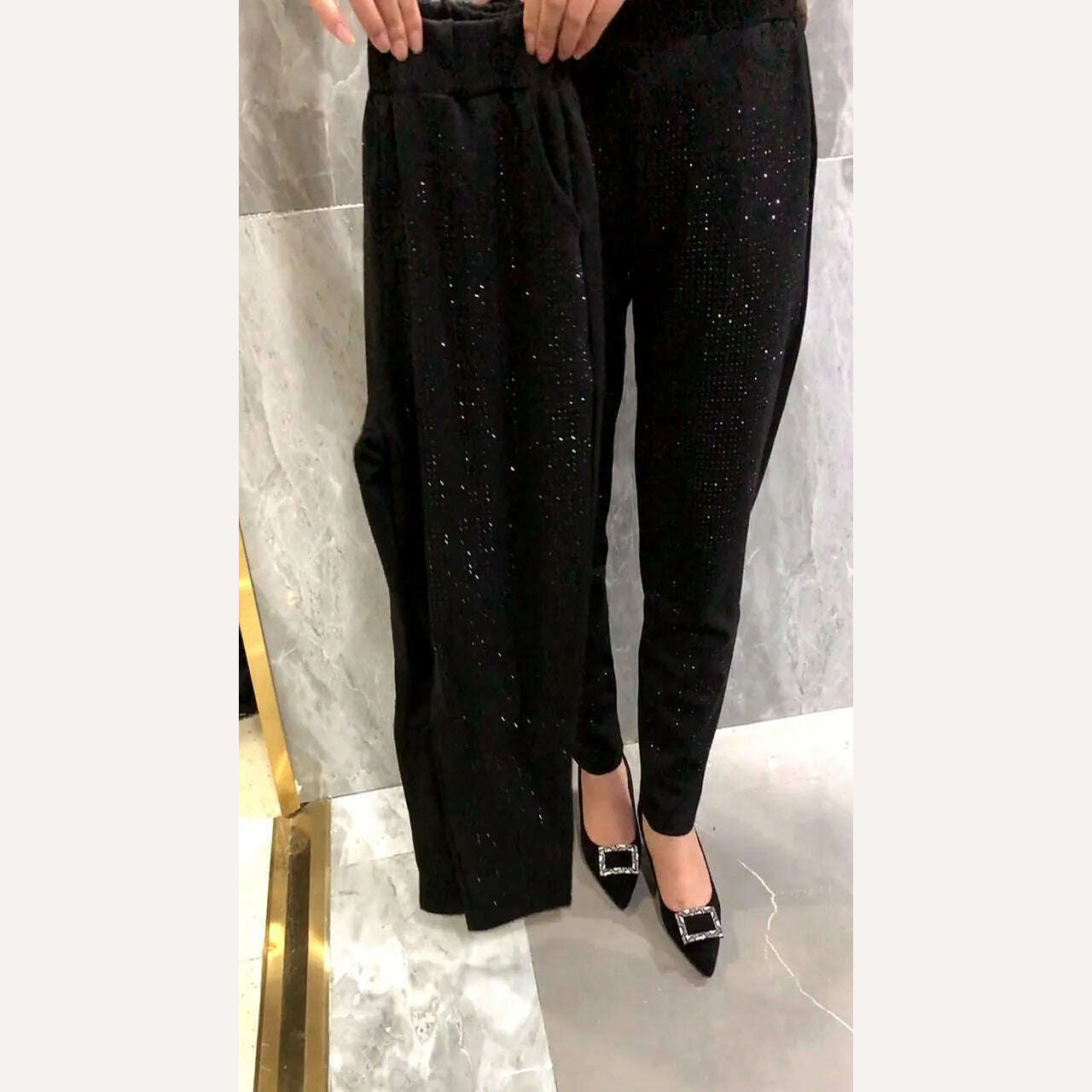 KIMLUD, Hot Rhinestone Casual Pants Women Fashion Pocket Elastic Waist Loose Black Harem Pants 2022 Fall Winter Sweatpants Oversized 7xl, KIMLUD Womens Clothes