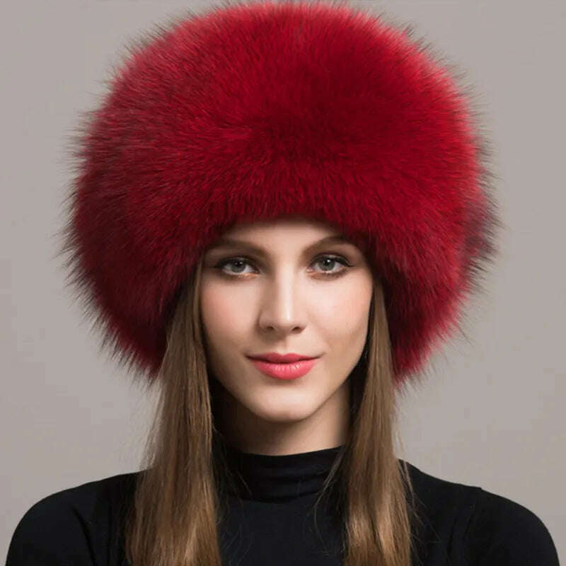 KIMLUD, Hot Sale 100% natural Fox Fur Hat Women Cap Thick Fur Cap Winter Warm Hat Female Fashion For Women Hat With Earmuffs Hat, red, KIMLUD APPAREL - Womens Clothes