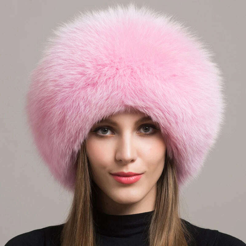 KIMLUD, Hot Sale 100% natural Fox Fur Hat Women Cap Thick Fur Cap Winter Warm Hat Female Fashion For Women Hat With Earmuffs Hat, pink, KIMLUD APPAREL - Womens Clothes