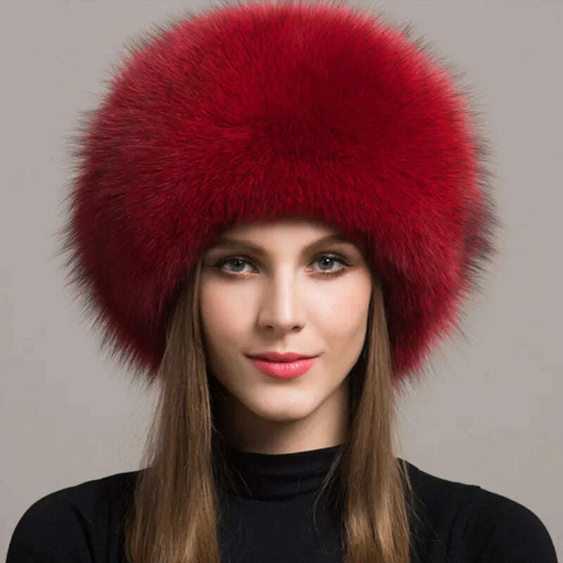 KIMLUD, Hot Sale 100% natural Fox Fur Hat Women Cap Thick Fur Cap Winter Warm Hat Female Fashion For Women Hat With Earmuffs Hat, KIMLUD Womens Clothes