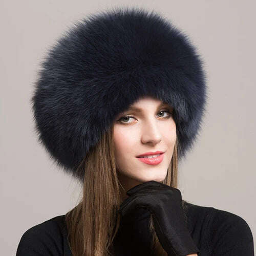 KIMLUD, Hot Sale 100% natural Fox Fur Hat Women Cap Thick Fur Cap Winter Warm Hat Female Fashion For Women Hat With Earmuffs Hat, dark blue, KIMLUD APPAREL - Womens Clothes