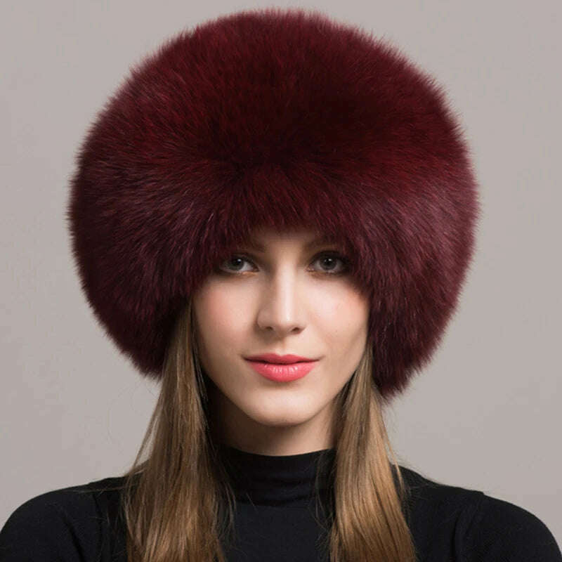 KIMLUD, Hot Sale 100% natural Fox Fur Hat Women Cap Thick Fur Cap Winter Warm Hat Female Fashion For Women Hat With Earmuffs Hat, wine red, KIMLUD APPAREL - Womens Clothes