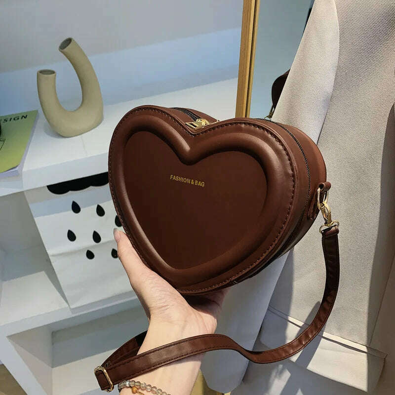 KIMLUD, Hot Sale Heart Shape Crossbody Bags For Women Solid Pu Leather Shoulder Bags Fashion Handbags, Coffee / 20x15x7cm, KIMLUD APPAREL - Womens Clothes