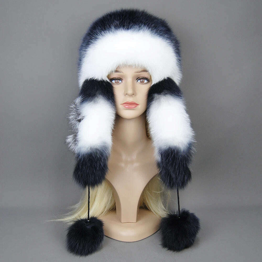 KIMLUD, Hot Sale Lady Winter Warm Luxury 100% Natural Fox Fur Hat Fashion Fluffy Fox Fur Rex Rabbit Fur Caps Women Real Fur Bomber Hats, KIMLUD Womens Clothes