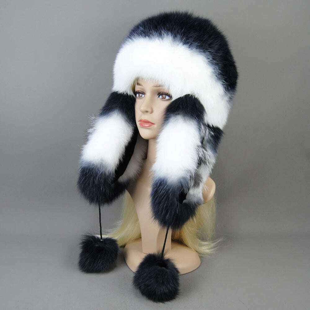 KIMLUD, Hot Sale Lady Winter Warm Luxury 100% Natural Fox Fur Hat Fashion Fluffy Fox Fur Rex Rabbit Fur Caps Women Real Fur Bomber Hats, KIMLUD Womens Clothes